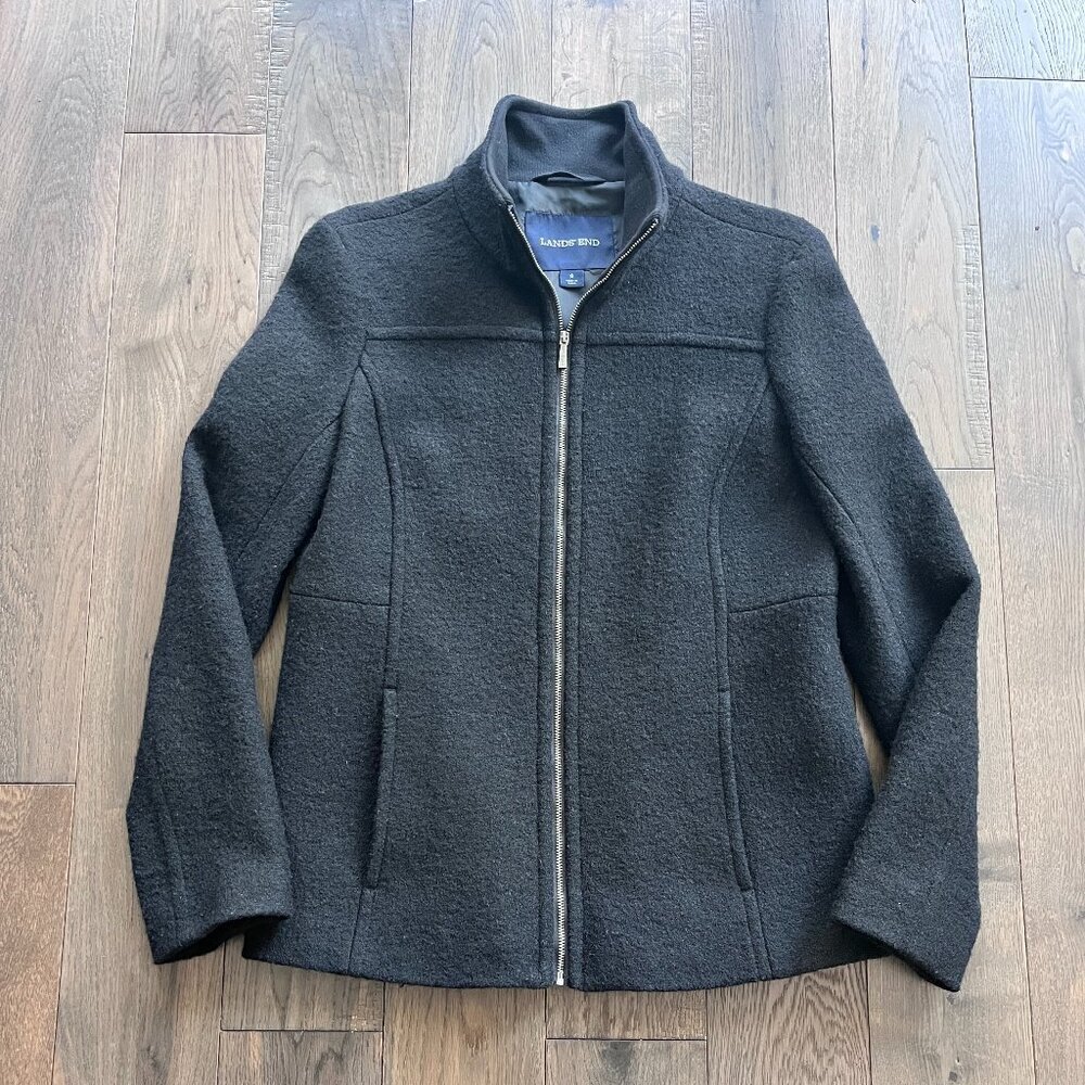 Lands’ End Wool Full Zip Jacket Coat Black Size 6 Classic Outerwear